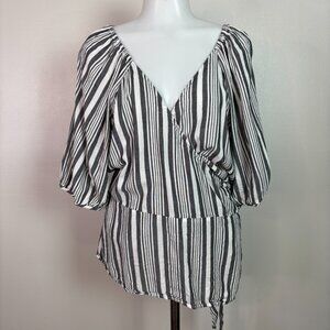 Old Navy Wrap Top XXL Gray White Striped Puff Shoulder Blouse Women's